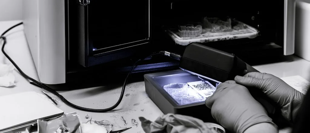 A gloved hand holding a small illuminated datalogger device on a dental laboratory bench, with a tray of dental parts and an open machine behind it.