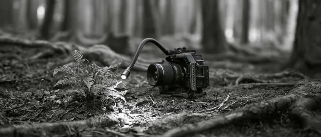 The portable macro photography light mounted on a camera rig, its gooseneck head lighting a fern on a forest floor.
