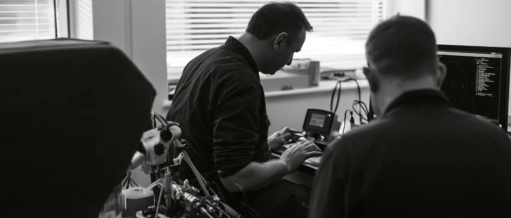 Two engineers at a workbench, one working at a keyboard beside a stereo microscope and test jig, the other looking at a screen of code.