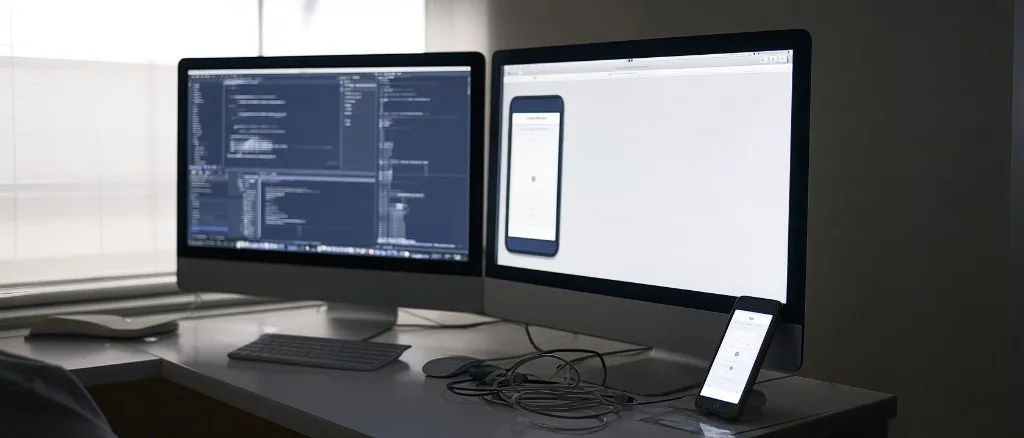 A development desk with two monitors: application source open in an editor on one, a browser previewing the app at phone width on the other, and a phone in a stand running the same app.