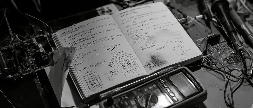 An open lab notebook on a bench, both pages covered in handwritten derivations and block diagrams, with bare circuit boards and cabling beside it and a multimeter resting on the open page.