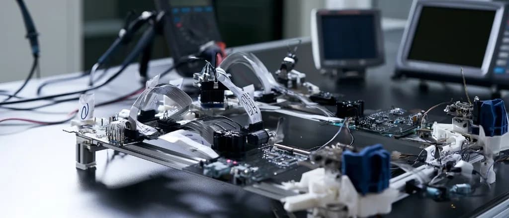 A multi-board test rig on a Denotec bench: boards clamped along a rail with ribbon cables and wiring harnesses between them, oscilloscope probes and instrument screens behind.