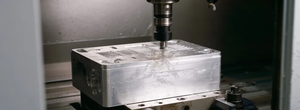 An aluminium block clamped on the bed of a CNC milling machine, the spindle lowered onto pockets and slots cut into its top face.