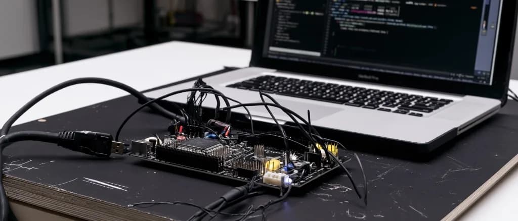 A development board wired up on a bench mat with jumper leads and a USB cable, in front of an open laptop showing firmware source and a terminal.