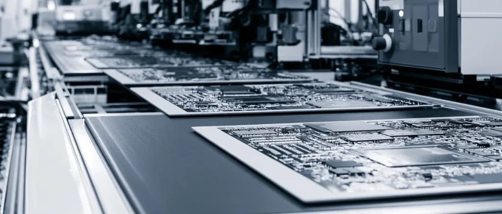 Populated printed circuit boards travelling along a conveyor under a pick-and-place machine on a surface-mount assembly line.