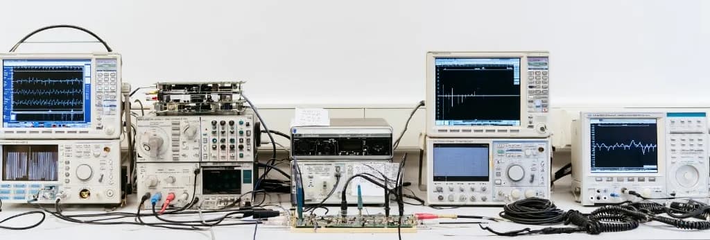 A university lab bench: oscilloscopes and a spectrum analyser showing live traces, with a circuit board under test wired to probes in front of them.