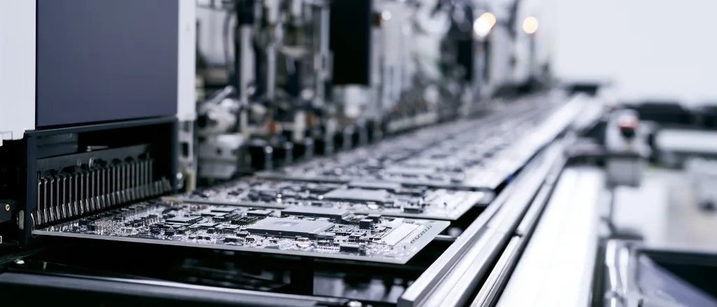 An SMT assembly line seen down its length: populated circuit boards on the conveyor leaving a placement machine, with its feeder bank and nozzle bar in the foreground.